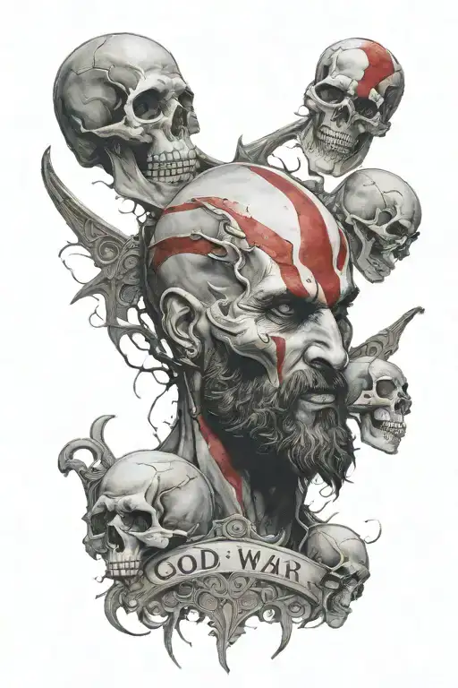 god of war with skulls and the inscription Purpose justification tattoo design idea
