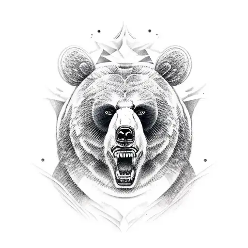 realistic fierce bear full back piece black and white tattoo design idea