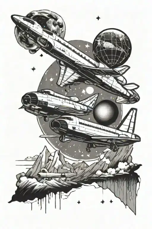 A space shuttle flying over a landscape of exotic travel locations tattoo design idea