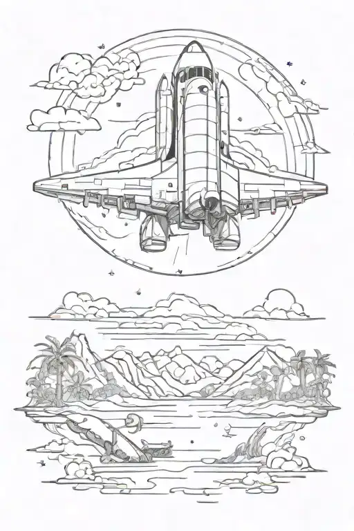 A space shuttle flying over a landscape of exotic travel locations tattoo design idea