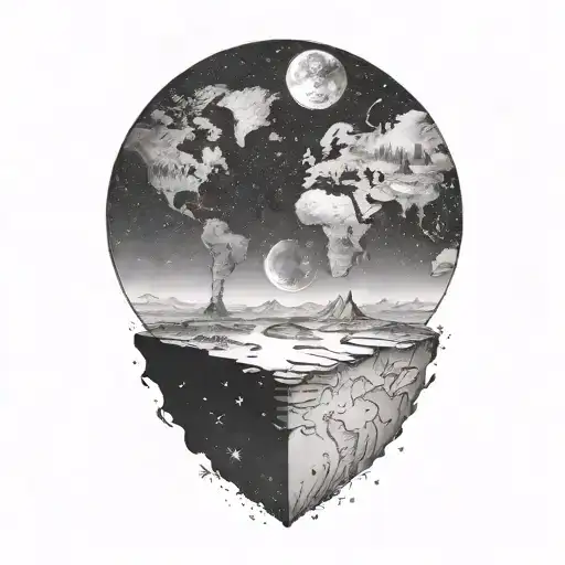 A surreal landscape where the sky is a map of the world and the ground is a starry galaxy, separating travel space theme tattoo design idea