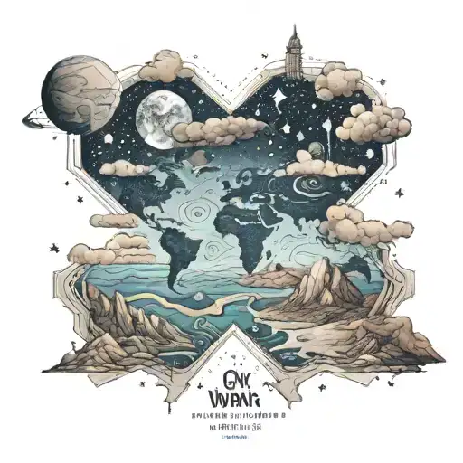 A surreal landscape where the sky is a map of the world and the ground is a starry galaxy, separating travel space theme tattoo design idea