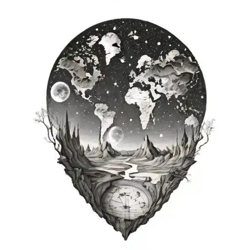A surreal landscape where the sky is a map of the world and the ground is a starry galaxy, separating travel space theme tattoo design idea