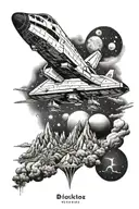 A space shuttle flying over a landscape of exotic travel locations tattoo design idea