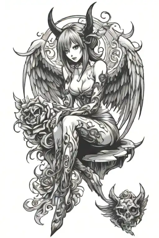  black and white tattoo of a feminine sexy devil angel tattoo design idea