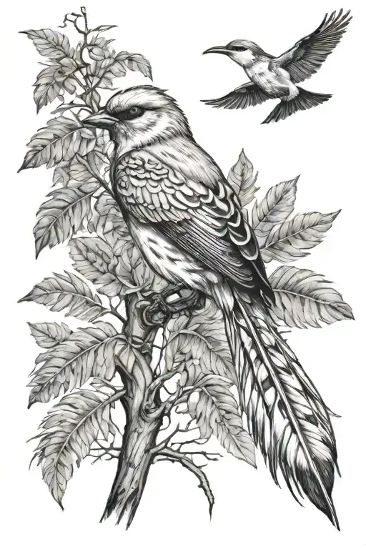 tree bird feather tattoo design idea