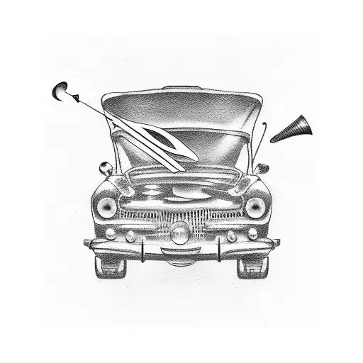 A tattoo design of musical notes dancing around a vintage car, combining your passion for music and classic cars in a creative way tattoo design idea