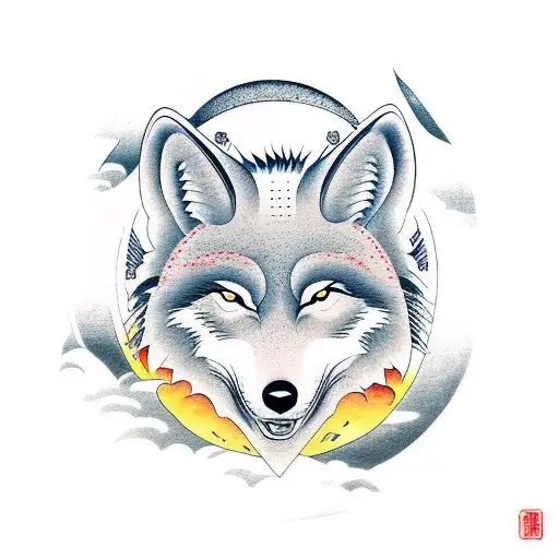 japanese wolf and moon tattoo design idea