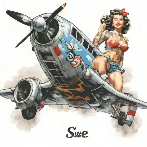 airplane emerging from clouds with pinup girl painted on the side with the name "Sue" or similar tattoo design idea