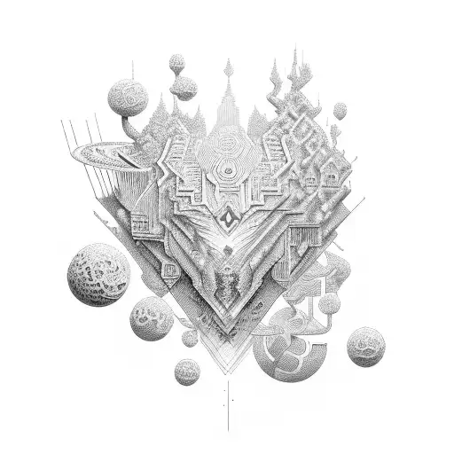 A trippy wonderland inspired by Minecraft, with intricate geometric patterns tattoo design idea