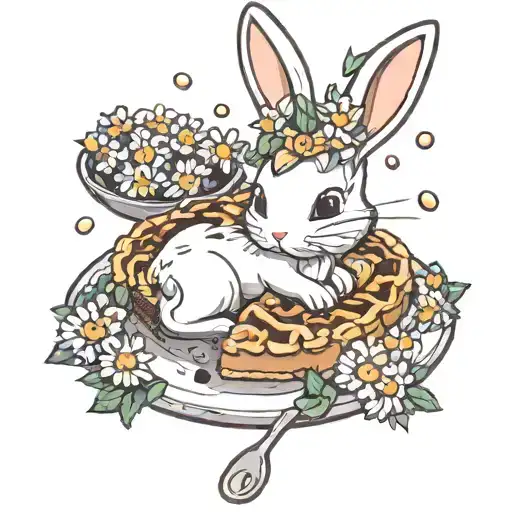rabbits baking pie slice covered in daisies tattoo design idea