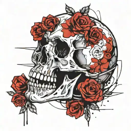 skull with a disc cut into it and flowers sorrounding it tattoo design idea