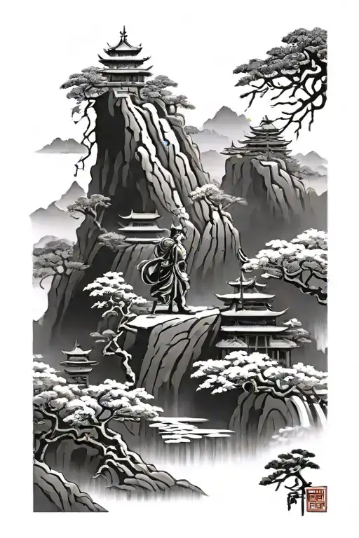warrior, path, misty mountains, temple, chinese art  tattoo design idea