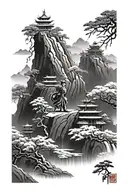 warrior, path, misty mountains, temple, chinese art  tattoo design idea