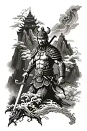 warrior, path, misty mountains, temple, chinese art  tattoo design idea