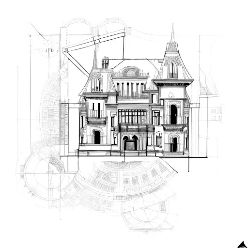 A architectural blueprint of a grand mansion, with a coffee mug and paint palette incorporated into the design tattoo design idea