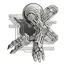 A cybernetic arm with coding script weaving through it tattoo design idea