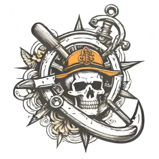 Rudder with a Hall-type anchor across it and a skull in the middle of it all. The angle of the image should be from the front. tattoo design idea