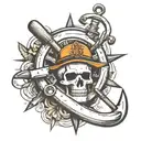 Rudder with a Hall-type anchor across it and a skull in the middle of it all. The angle of the image should be from the front. tattoo design idea
