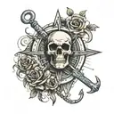 Rudder with a Hall-type anchor across it and a skull in the middle of it all. The angle of the image should be from the front. tattoo design idea