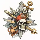 Rudder with a Hall-type anchor across it and a skull in the middle of it all. The angle of the image should be from the front. tattoo design idea