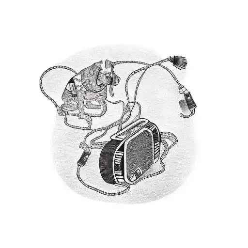 A blackwork tattoo of a person walking their dog while listening to music on a vintage Walkman tattoo design idea