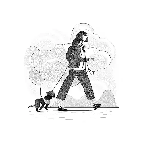 A blackwork tattoo of a person walking their dog while listening to music on a vintage Walkman tattoo design idea