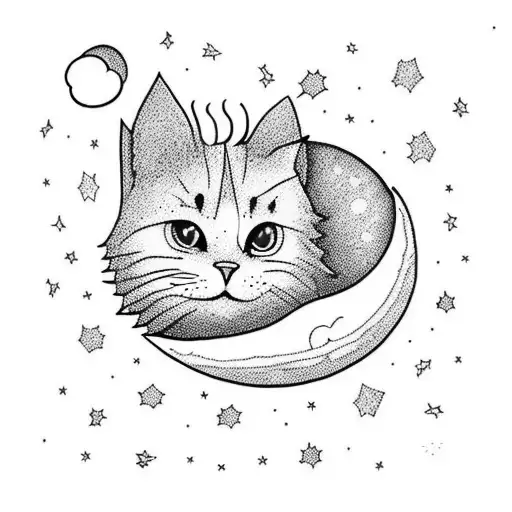 Moon, stars, cloud, small cat tattoo design idea