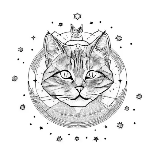 Moon, cat, stars, cloud tattoo design idea