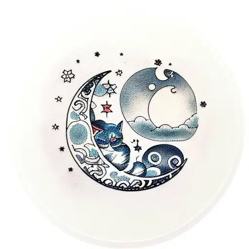 moon, stars, cloud, cat, round shape tattoo design idea