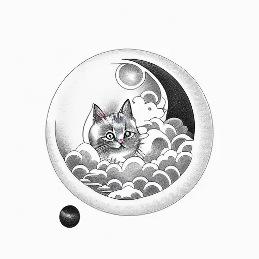 moon, stars, cloud, cat, round shape tattoo design idea