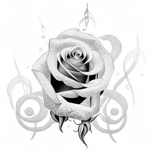 A dotwork tattoo of a rose intertwined with musical notes tattoo design idea