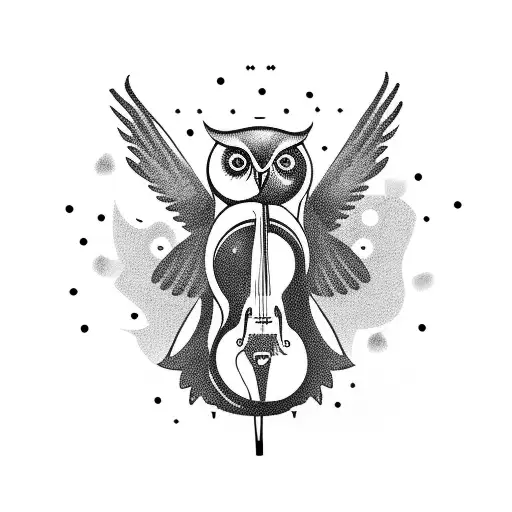 An owl gracefully perched on a cello, with coffee beans and art supplies scattered around tattoo design idea
