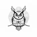 An owl gracefully perched on a cello, with coffee beans and art supplies scattered around tattoo design idea