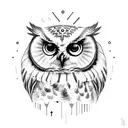 An owl gracefully perched on a cello, with coffee beans and art supplies scattered around tattoo design idea