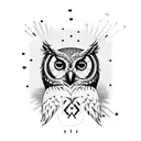 An owl gracefully perched on a cello, with coffee beans and art supplies scattered around tattoo design idea