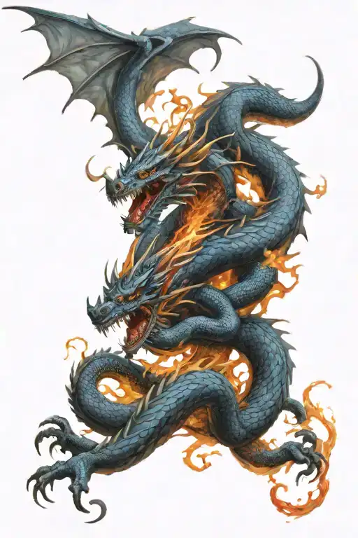 dragon and hydra fighting, both spit fire, hydras blue fire, dragon red fire, fire hit each other in central tattoo design idea