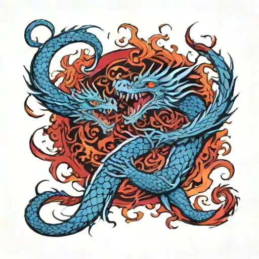dragon and hydra fighting, both spit fire, hydras blue fire, dragon red fire, fire hit each other in central tattoo design idea
