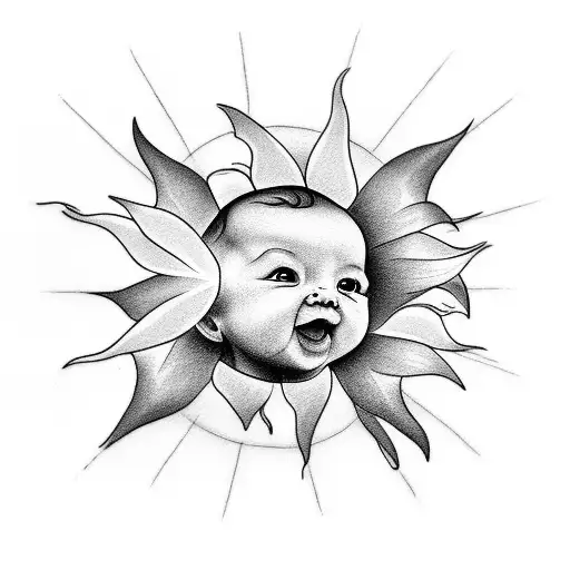 Create a minimalist tattoo of a baby holding a sun, symbolizing the joy of new beginnings. tattoo design idea
