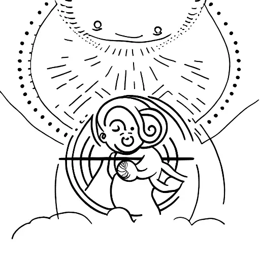 Create a minimalist tattoo of a baby holding a sun, symbolizing the joy of new beginnings. tattoo design idea