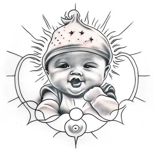 Create a tattoo of a baby holding a sun, symbolizing the joy of new beginnings. tattoo design idea
