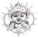 Create a tattoo of a baby holding a sun, symbolizing the joy of new beginnings. tattoo design idea