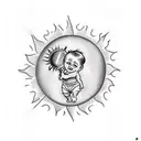 Create a tattoo of a baby holding a sun, symbolizing the joy of new beginnings. tattoo design idea