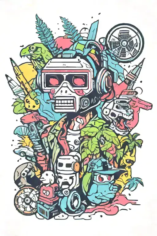 A creative mashup tattoo featuring elements from 'Hotline Miami' and Pixar's animated movies, set in an 80s Miami vibe tattoo design idea