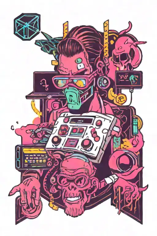 A sleek and stylized tattoo featuring data analysis symbols intertwined with elements from 'Hotline Miami' and Pixar films, set in a neon-lit Miami backdrop tattoo design idea