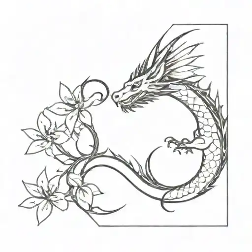 dragon and wisteria flowers tattoo design idea