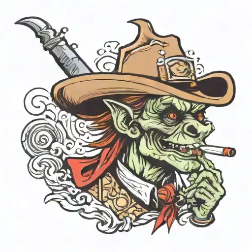 cowboy goblin smoking a rolled cigarette tattoo design idea