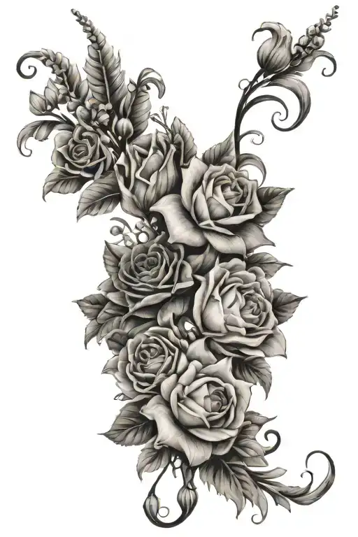floral vine with roses gladious carnation lily of the valley chrysanthemum flowers mixed tattoo design idea