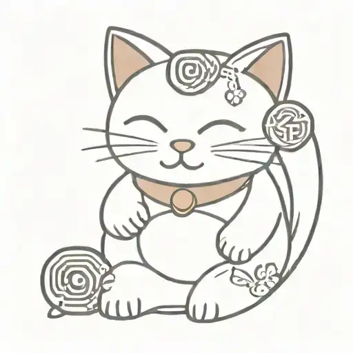 maneki neko with closed eyes  and money tattoo design idea
