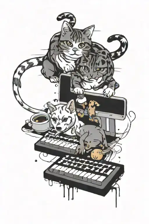 A tattoo design of a cat and dog playing together on a PC keyboard, with food scattered around them tattoo design idea